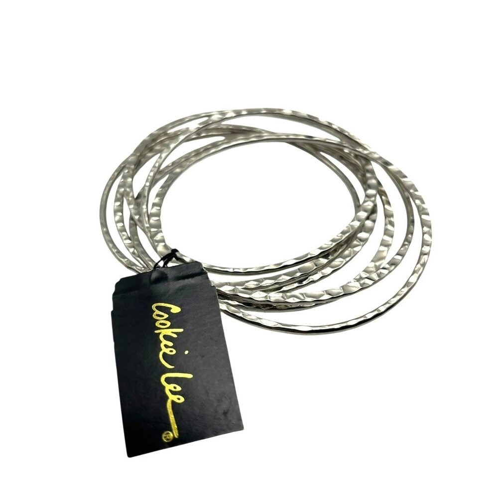 Hammered Silver Tone Stackable Bangle Bracelets Set Minimalist Classic Boho Chic